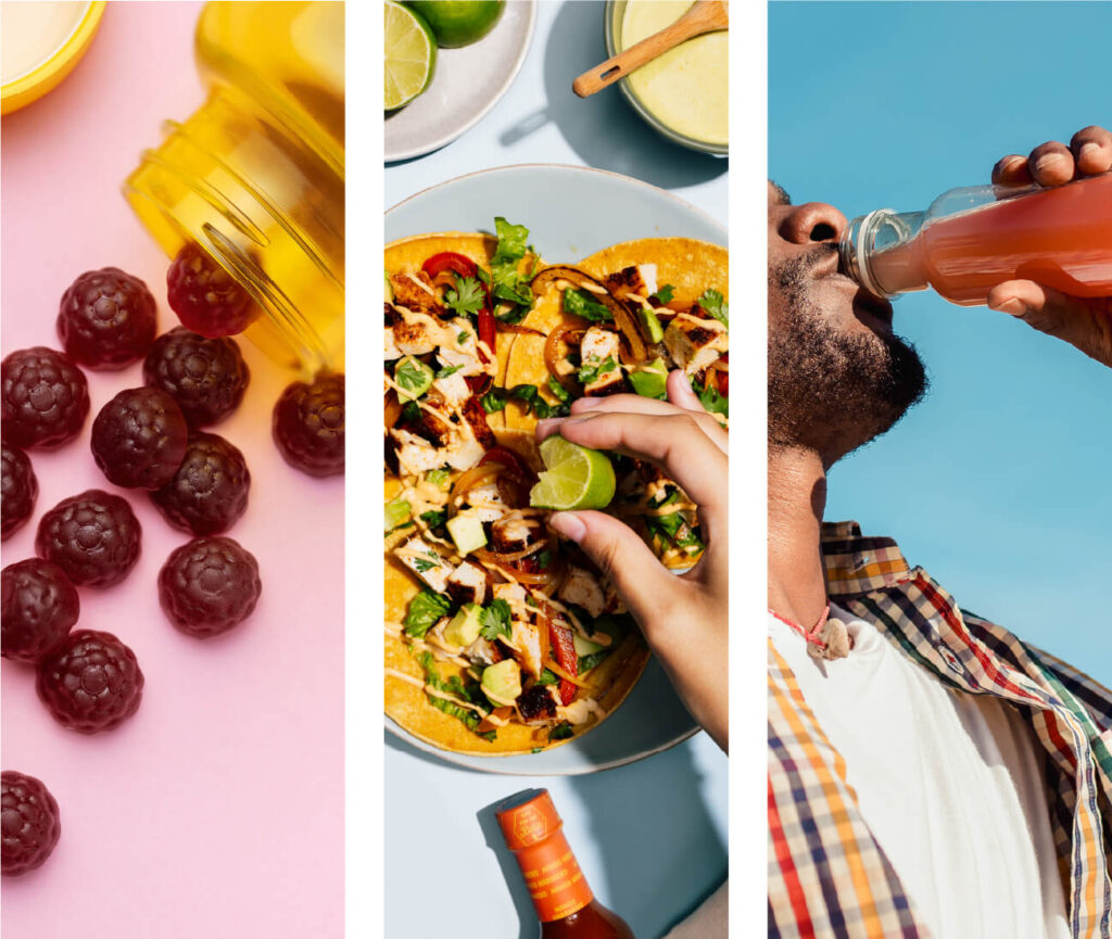 Three images, side-by-side: dark red gummy supplements in the shape of raspberries, a plate of freshly garnished tacos with lime being squeezed over top, a man drinking a bottled health beverage with a cloudless blue sky in the background.