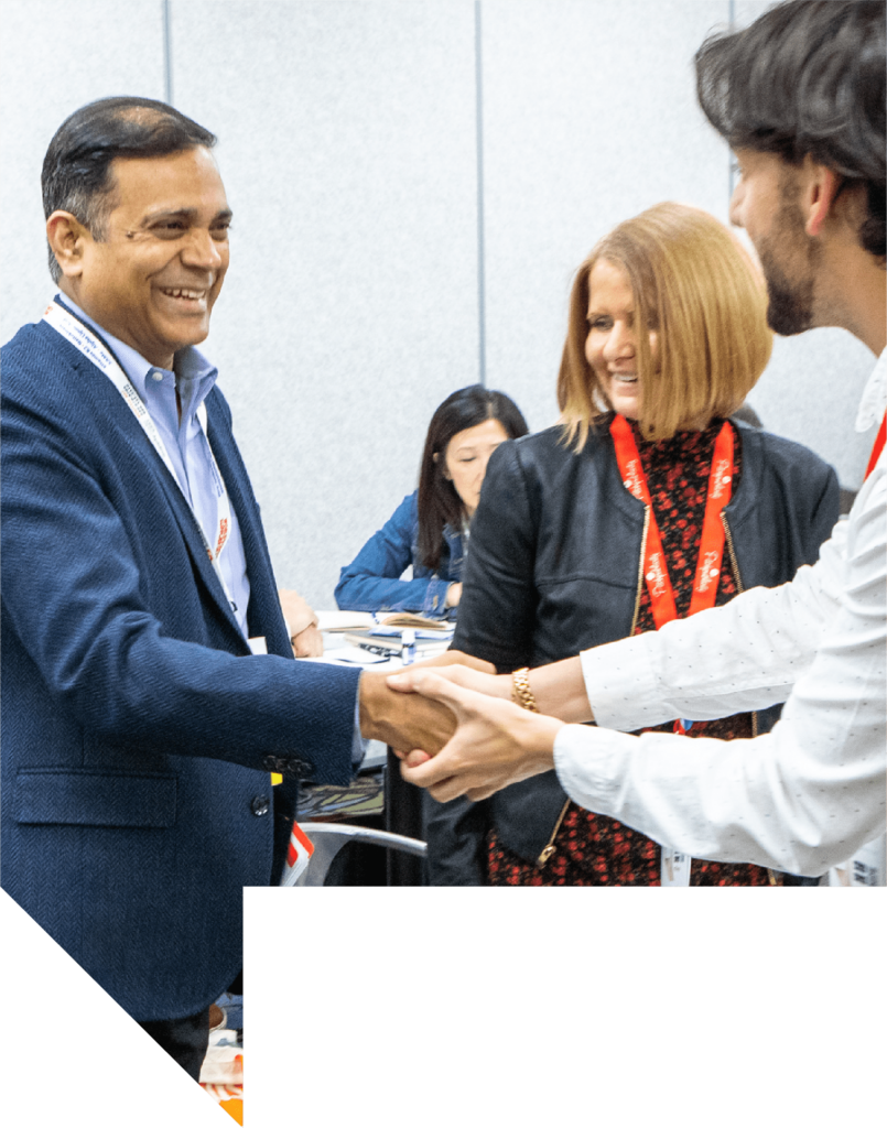 A subtly animated gradient that ranges from white to clementine serves as the background for an image of nutrition industry professionals shaking hands at a trade show. The image is contained within a geometric conversation bubble.